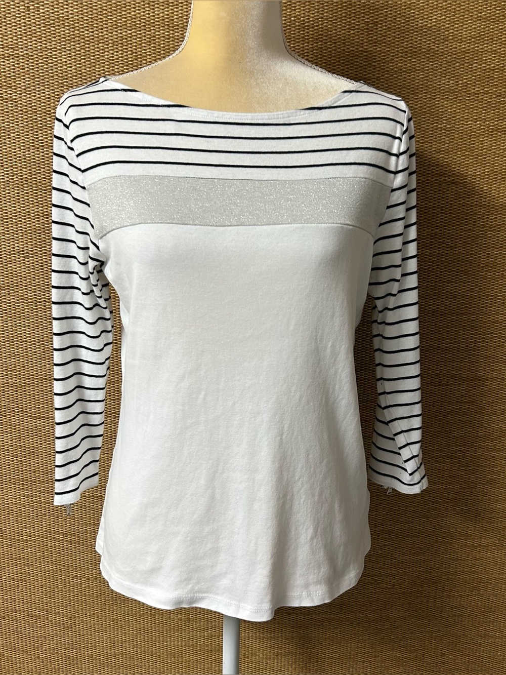 Lauren Ralph Lauren Top Women’s XL Black White Silver 3/4 Sleeve w/ Zipper READ